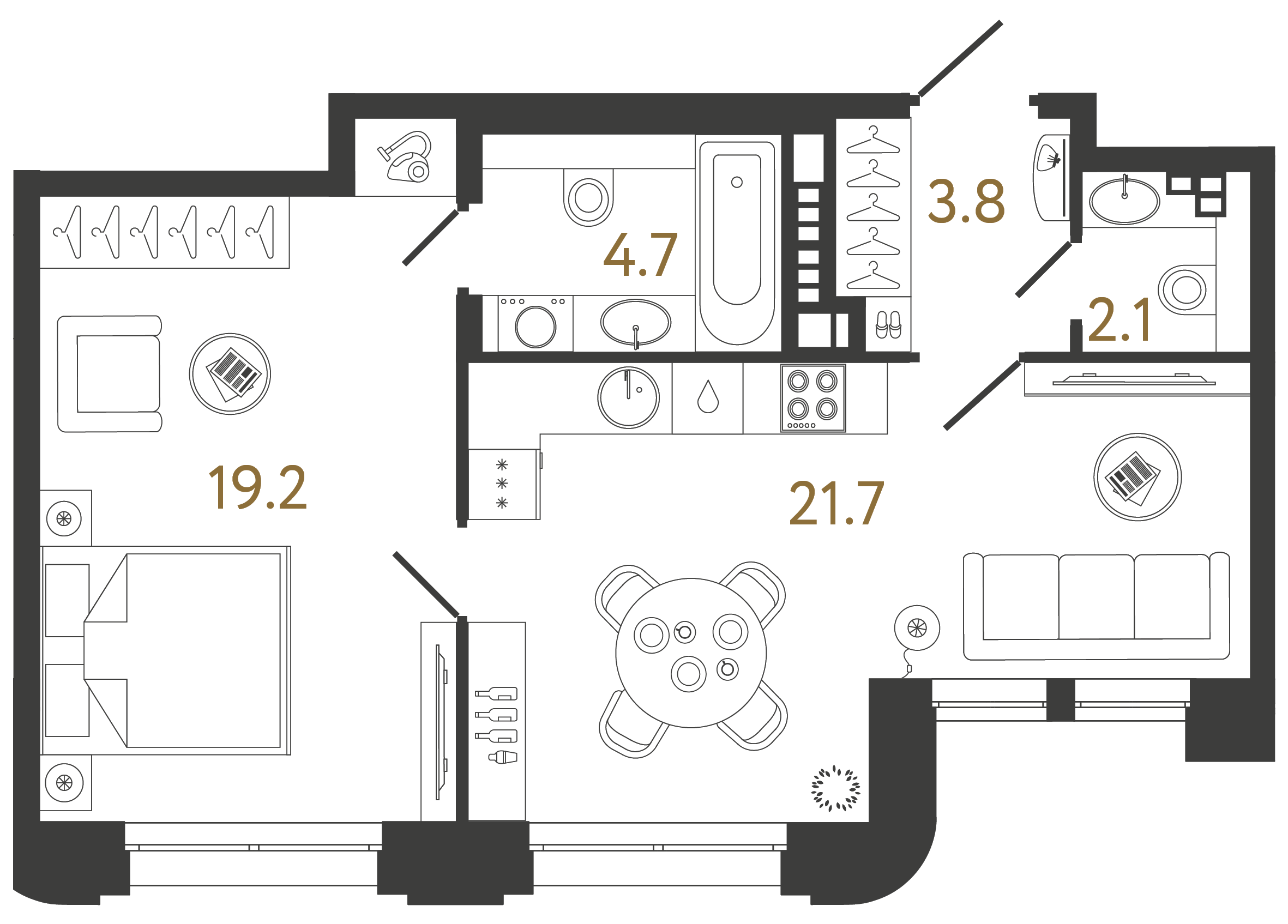 Планировка 1-комнатной квартиры 51.5 м² тип 1-1 в ЖК Коллекционер - европланировка с кухней-гостиной 21.7 м², изолированной спальней 19.2 м², гардеробной и двумя санузлами