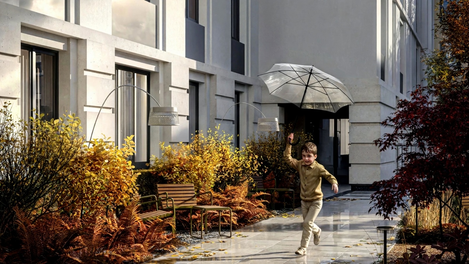 Приватный двор-патио клубного дома Коллекционер с зонами отдыха и ландшафтным дизайном